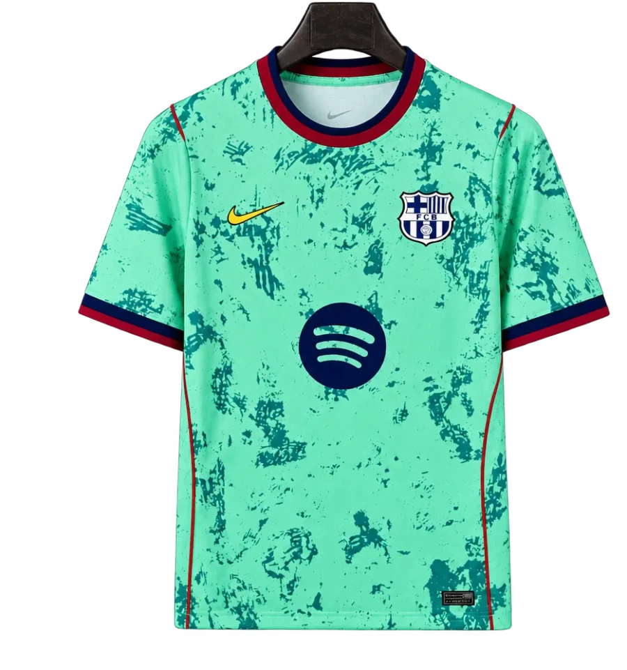FC Barcelona Retro-Trikot 2026/27 Sonderedition grün gemustert – Vorderseite
