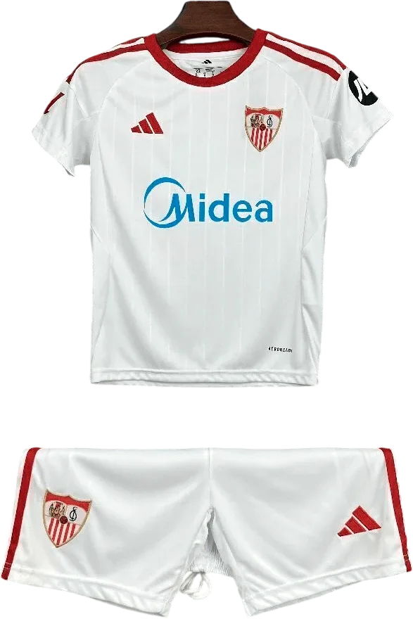 FC Sevilla Retro-Trikot 2025/26 Heim für Kinder – Vorderseite