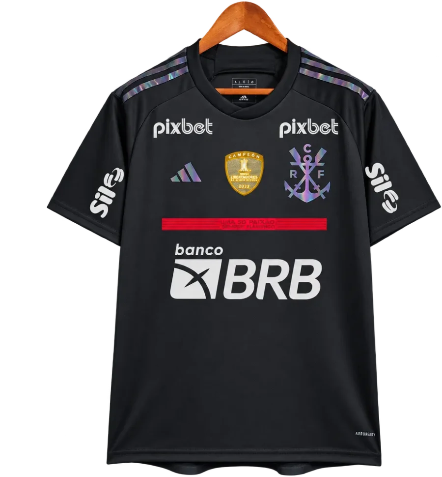 Flamengo Retro-Trikot 2023/24 Ausweich mit Sponsoren und Patch – Vorderseite