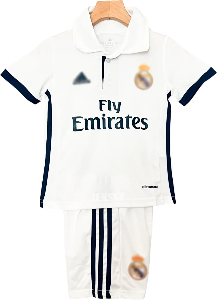 Real Madrid Retro-Trikot 2016/17 Heim für Kinder – Vorderseite